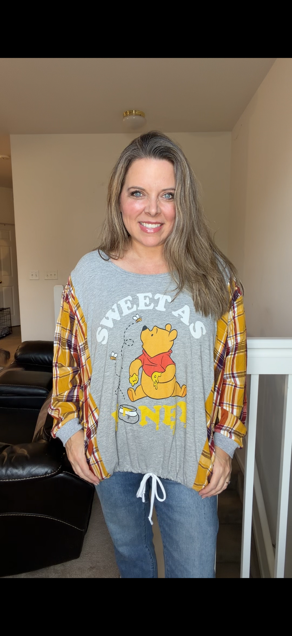 Upcycled Pooh - women's 1X T-shirt with thin flannel sleeves
