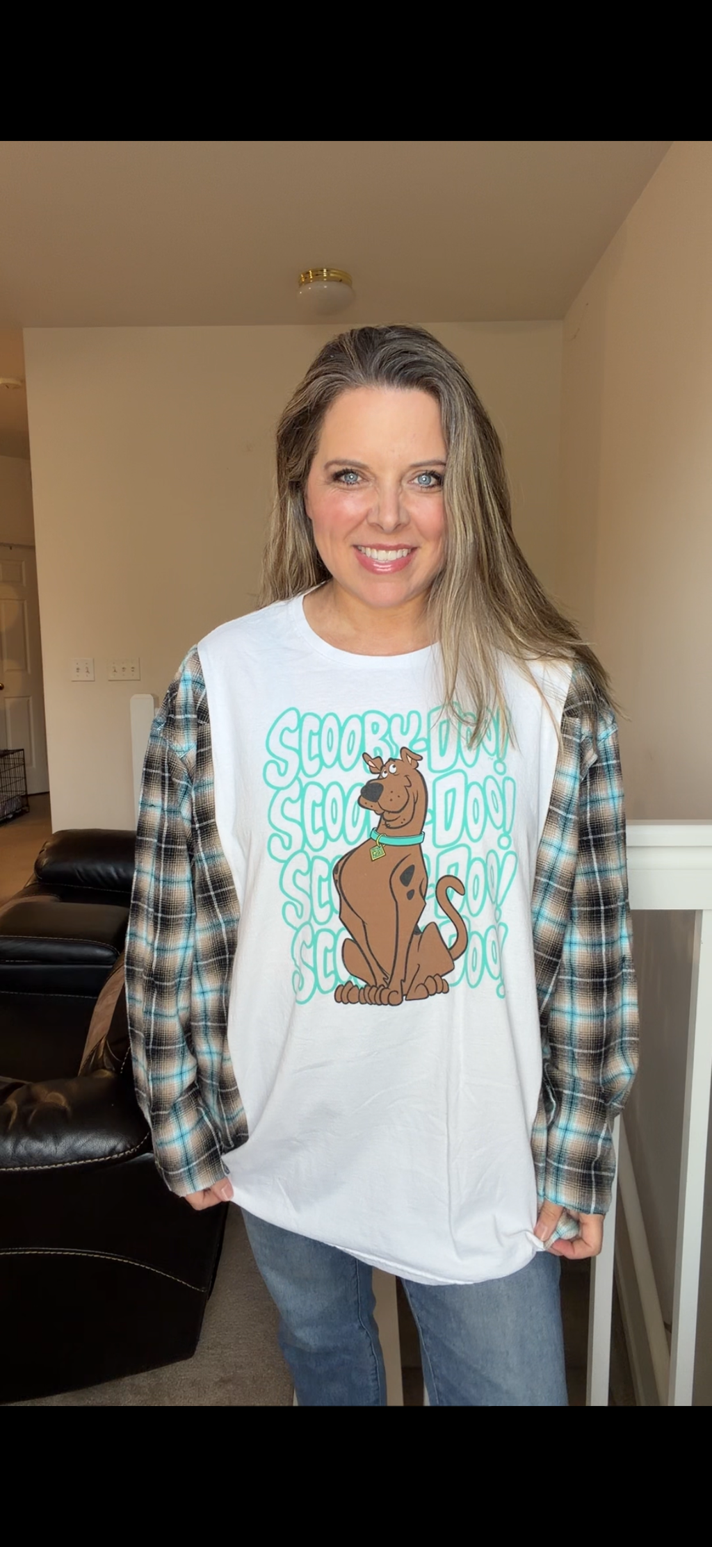 Upcycled Scooby - women's 4X T-shirt with thin flannel sleeves