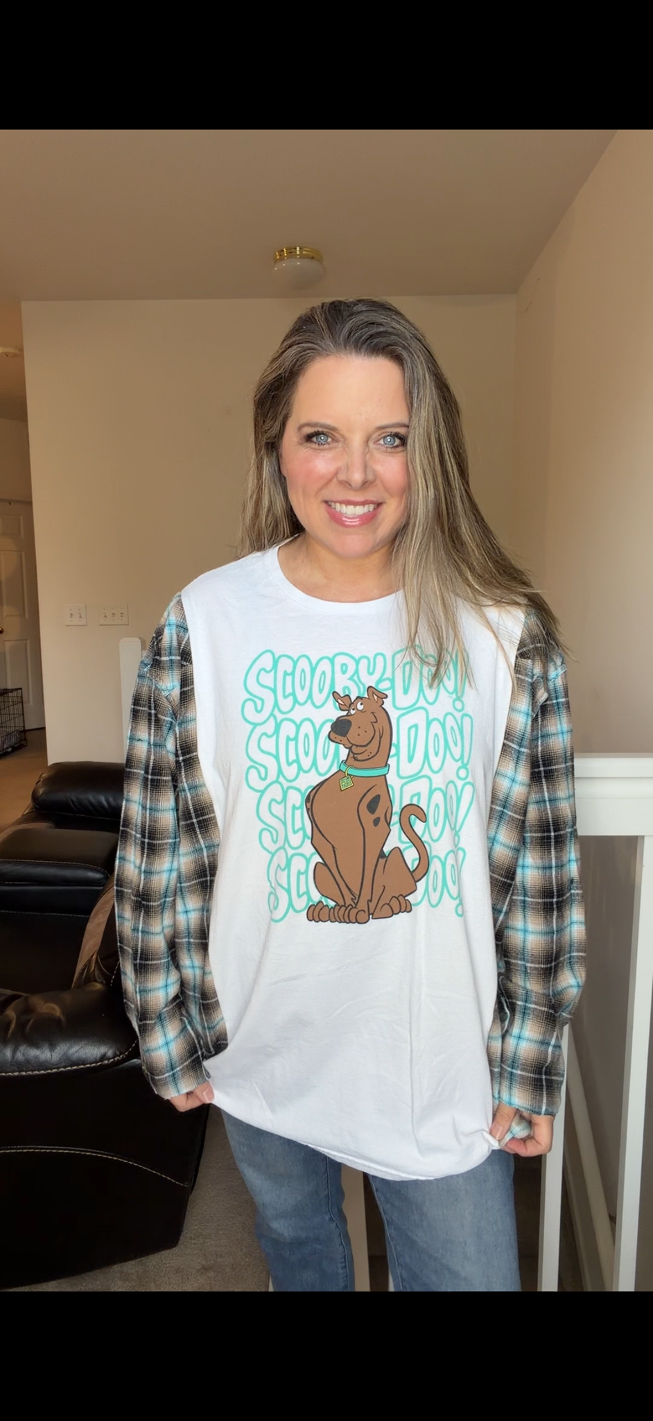 Upcycled Scooby - women's 4X T-shirt with thin flannel sleeves
