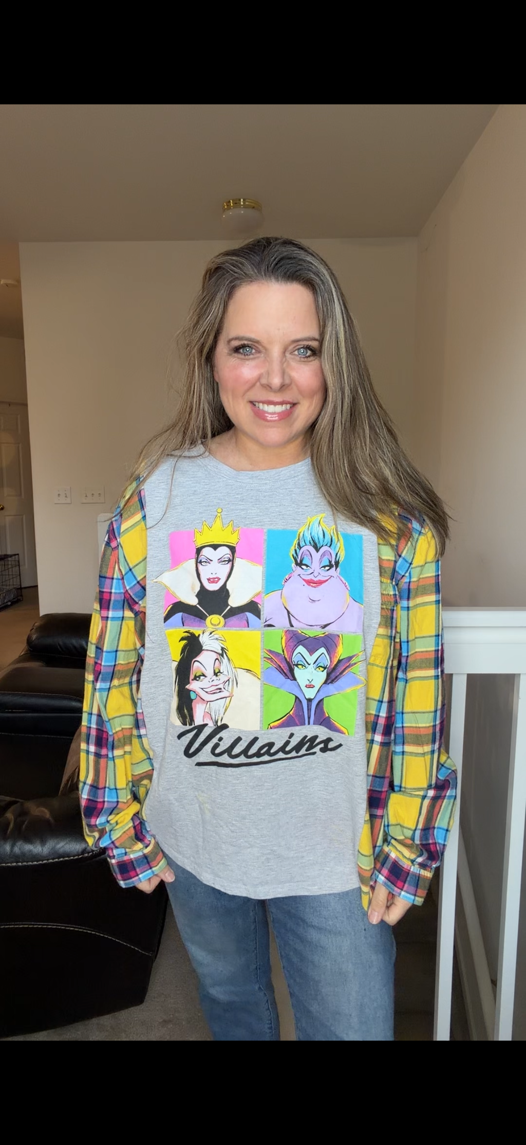 Upcycled Villians - women's large/XL T-shirt with thin flannel sleeves ￼