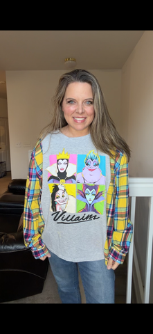 Upcycled Villians - women's large/XL T-shirt with thin flannel sleeves ￼