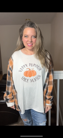 Upcycled Pumpkin – women’s 3X – thin T-shirt with flannel sleeves