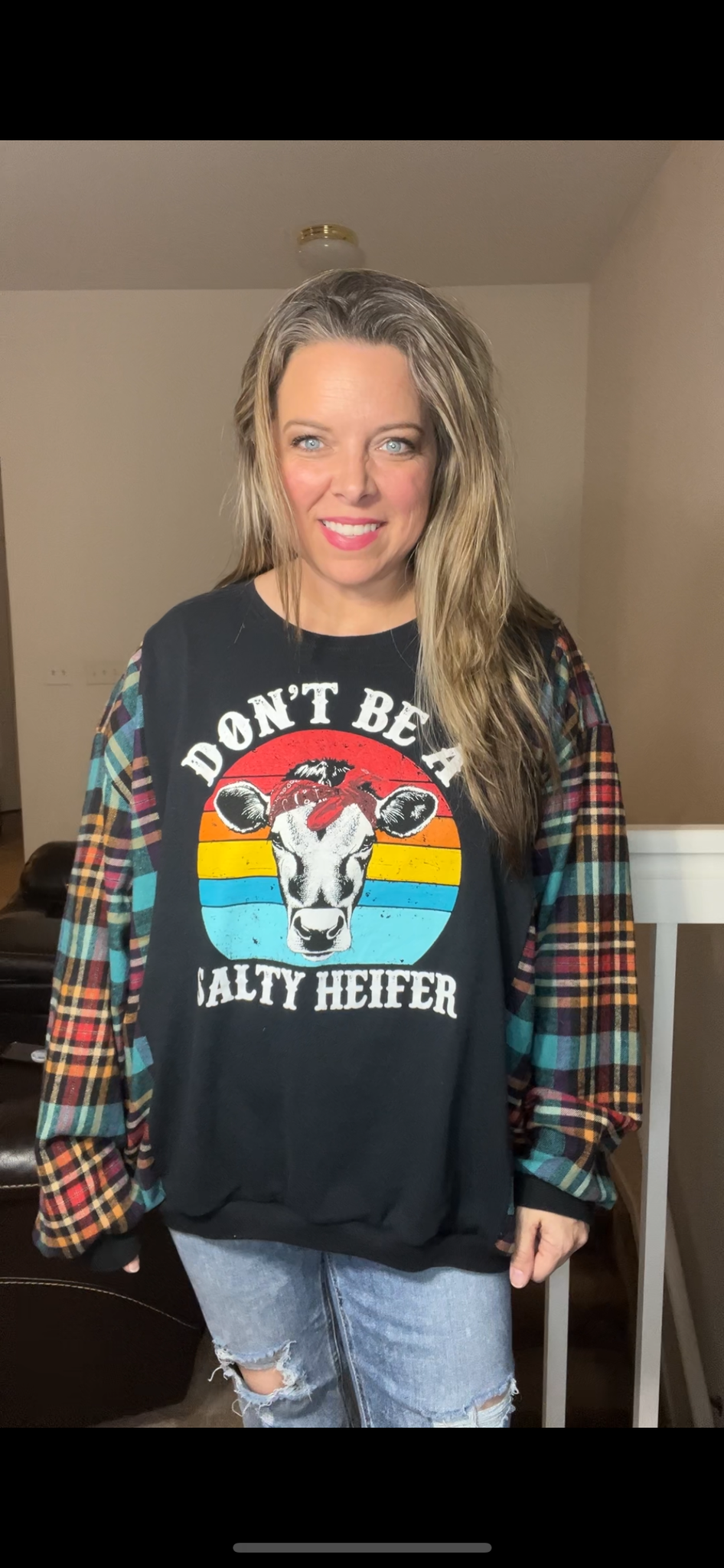 Upcycled Heifer - Women’s 2X – T-shirt with flannel sleeves