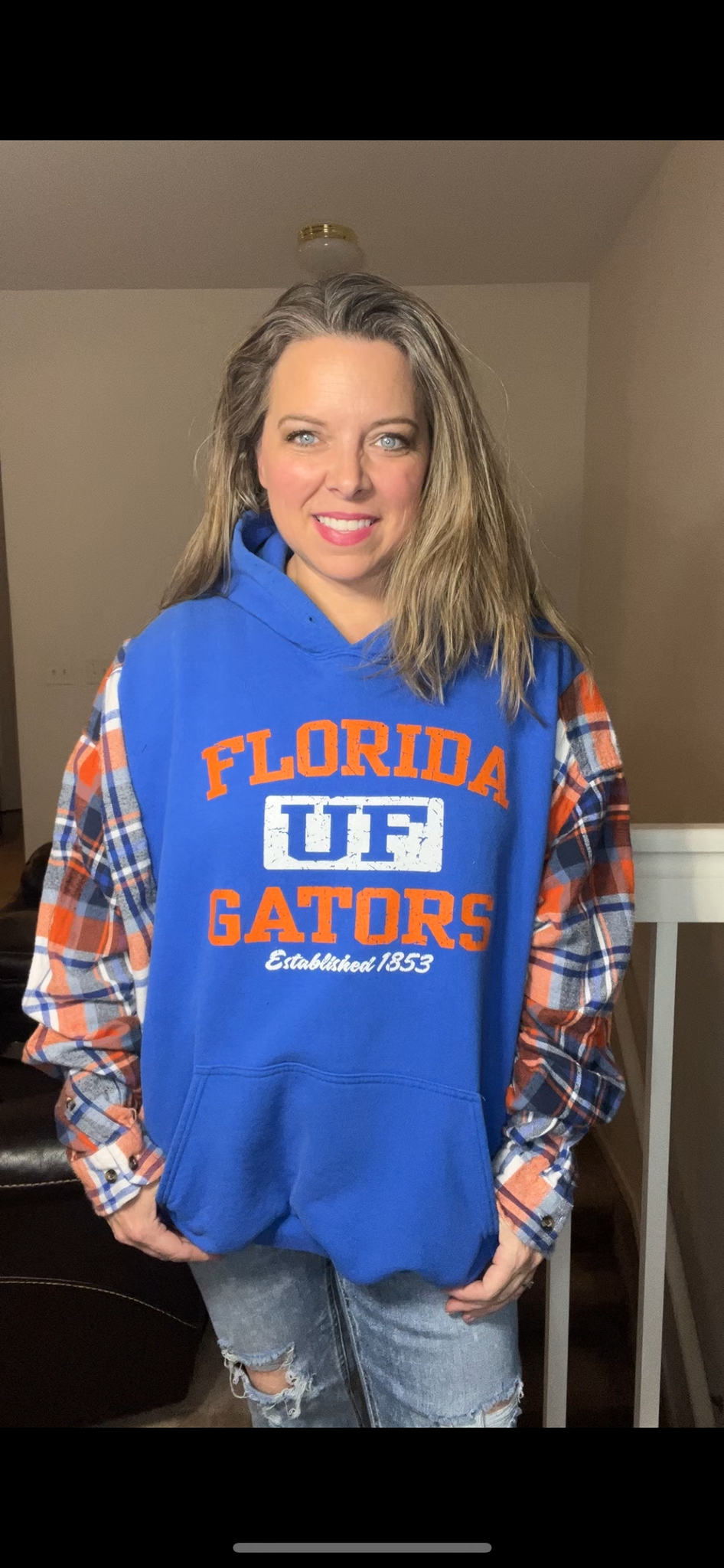 Upcycled Gators – women’s 1X – midweight sweatshirt with flannel sleeves￼