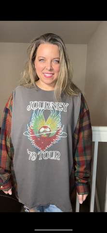 Upcycled Journey – women’s 3X – T-shirt with flannel sleeves