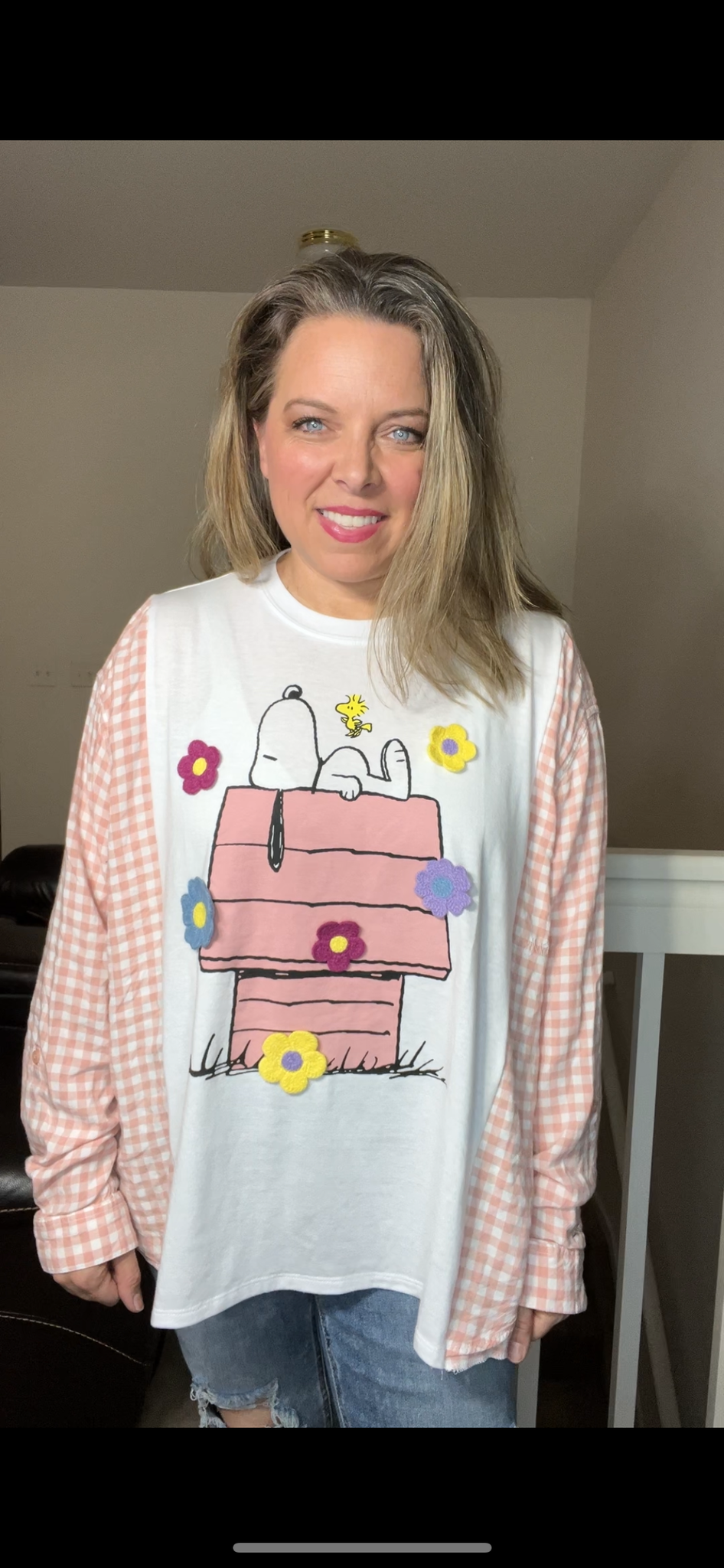 Upcycled Snoopy – women’s large – thin T-shirt, with thin flannel sleeves