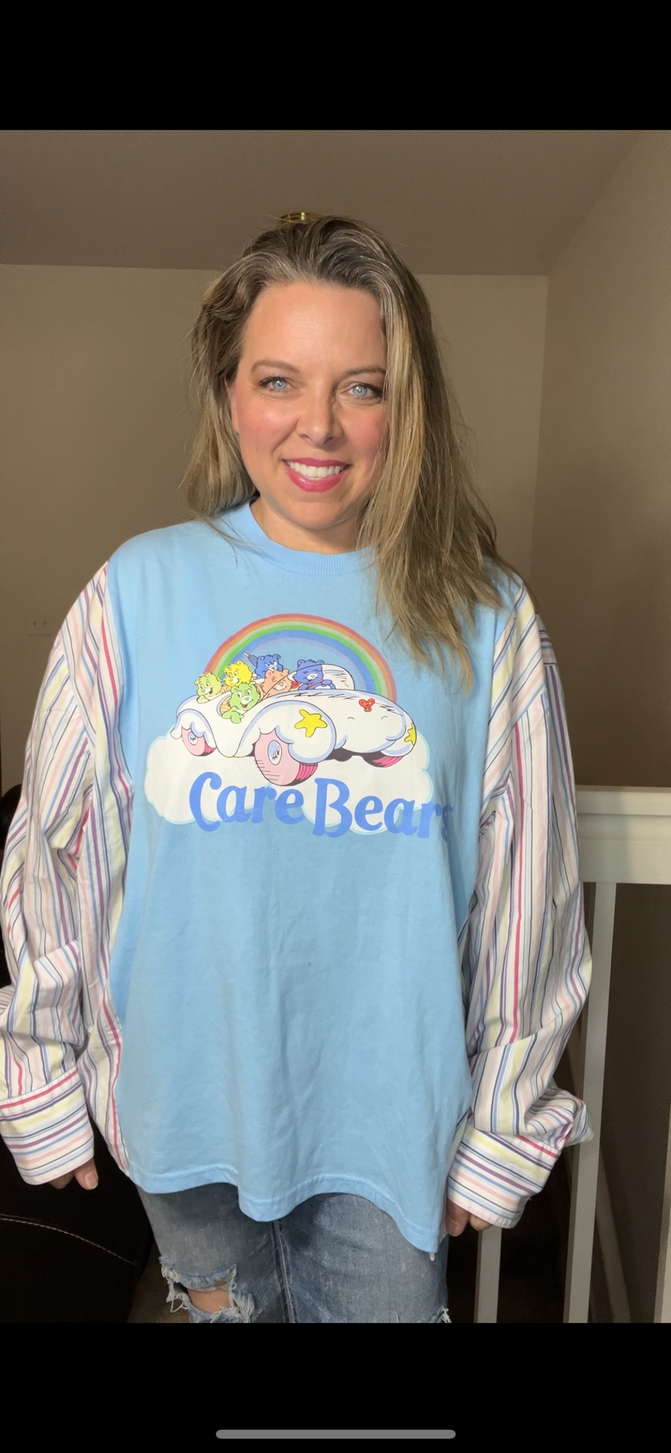 Upcycled Care Bears – women’s XL/1X – thin T-shirt with cotton dress sleeves