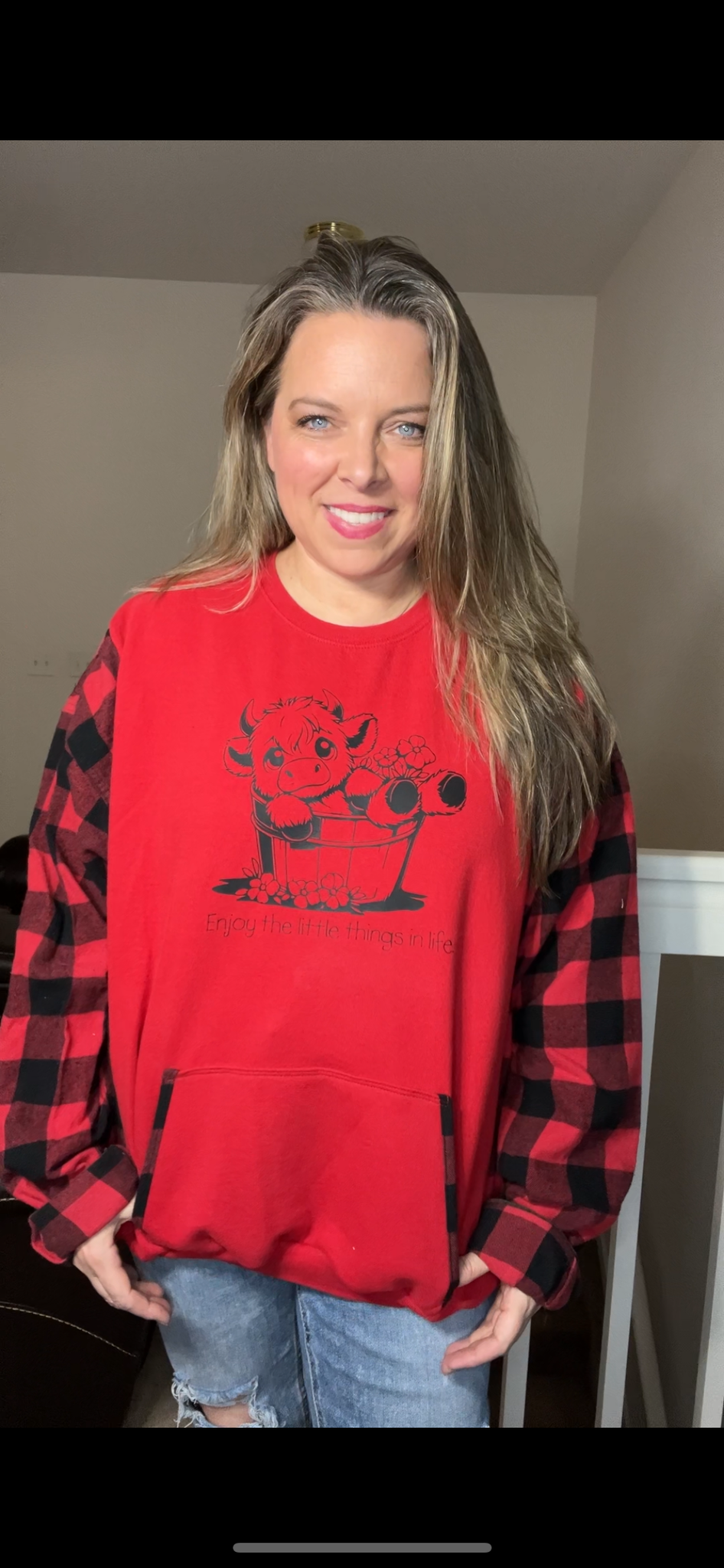 Upcycled Cow – women’s 1X/2X – midweight sweatshirt with flannel sleeves