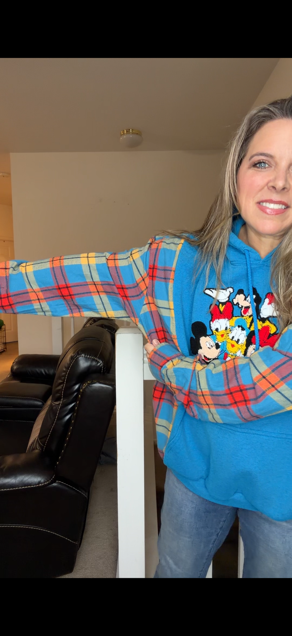 Upcycled Disney - women's 2X midweight sweatshirt with flannel sleeves ￼