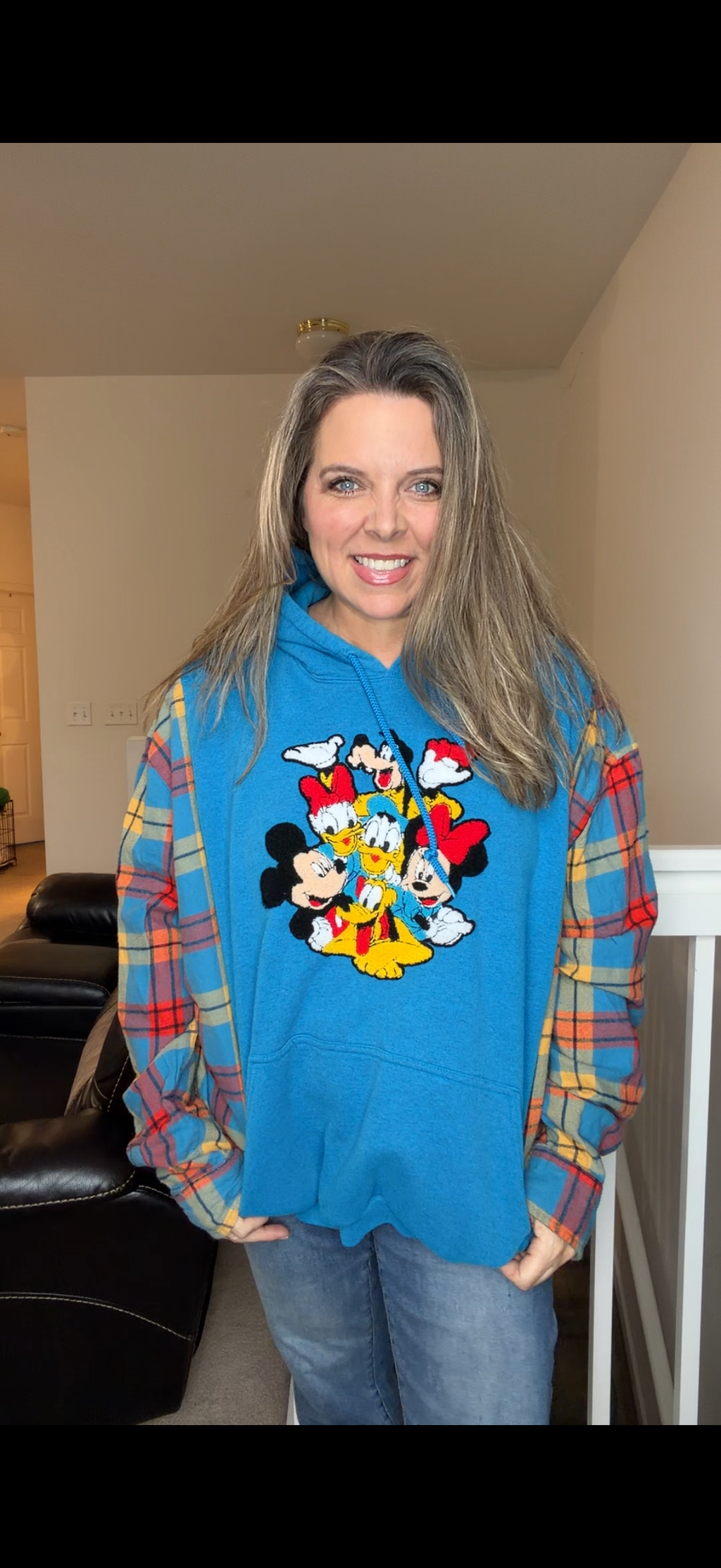 Upcycled Disney - women's 2X midweight sweatshirt with flannel sleeves ￼