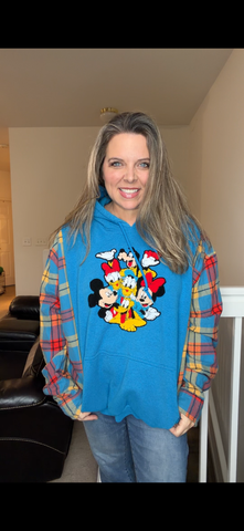 Upcycled Disney - women's 2X midweight sweatshirt with flannel sleeves ￼