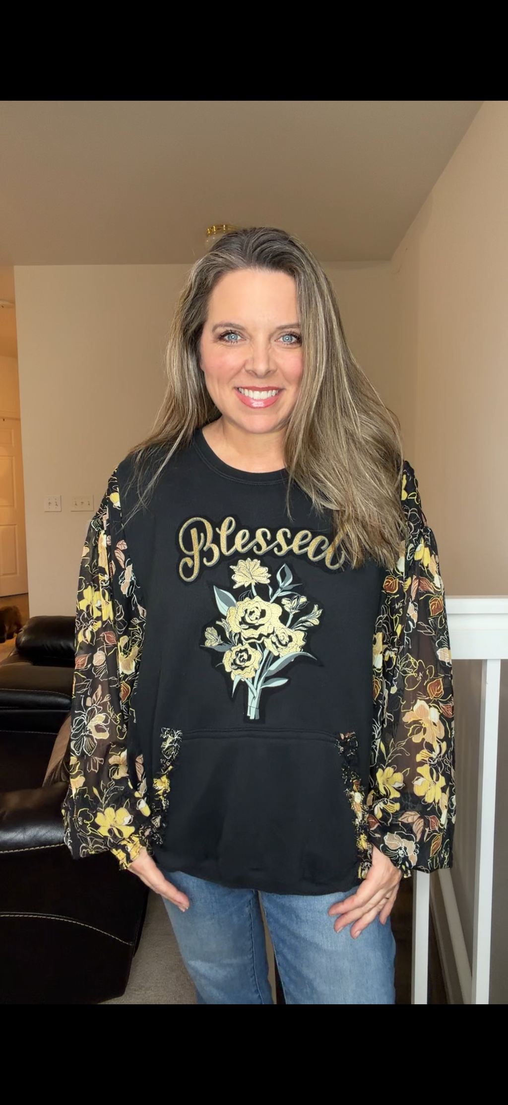 Upcycled Blessed - women's 2X midweight sweatshirt with sheer sleeves