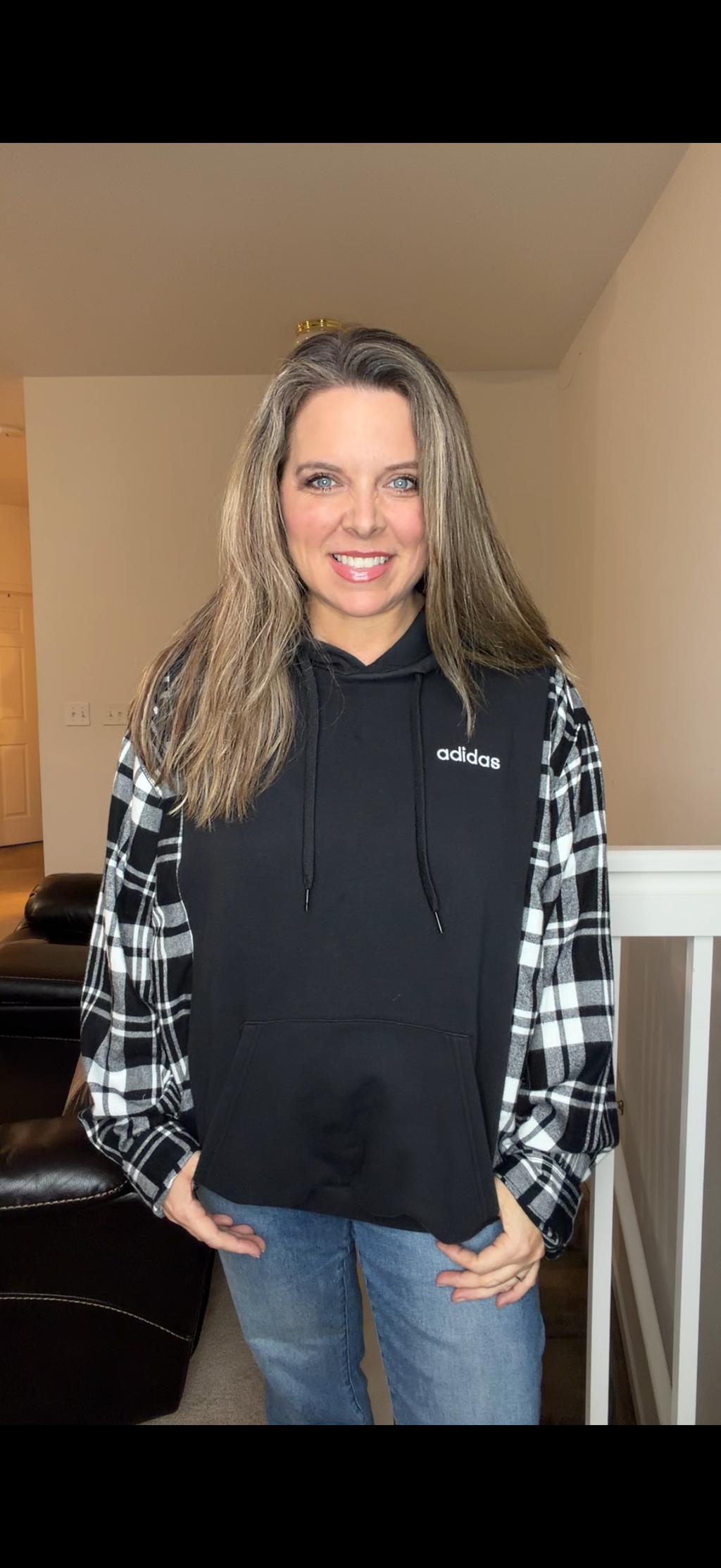 Upcycled Adidas - women's XL/1X midweight sweatshirt with flannel sleeves ￼