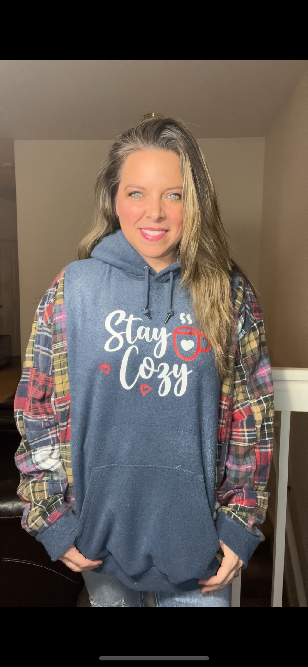 Upcycled Cozy – women’s 2X/3X – fleece sweatshirt with flannel sleeves