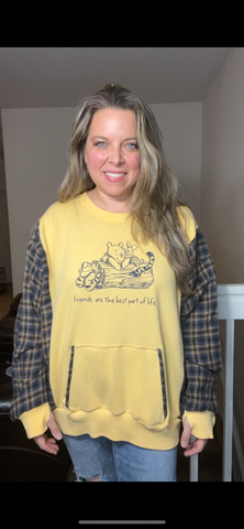 Upcycled Pooh Friends – women’s 1X/2X – thin French terry sweatshirt with flannel sleeves