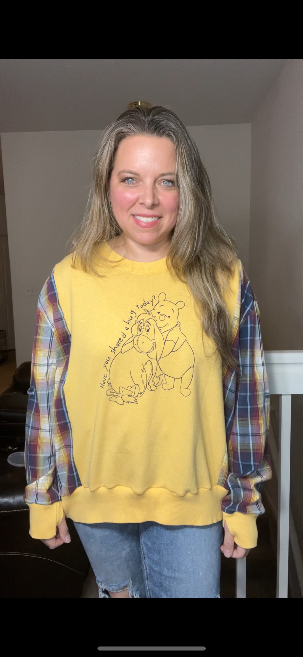 Upcycled Pooh Hugs – women’s S/M – thin French terry sweatshirt with soft cotton sleeves