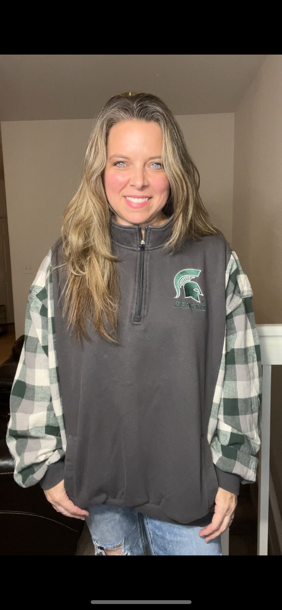 Upcycled Michigan State – women’s 2X – midweight sweatshirt with flannel sleeves