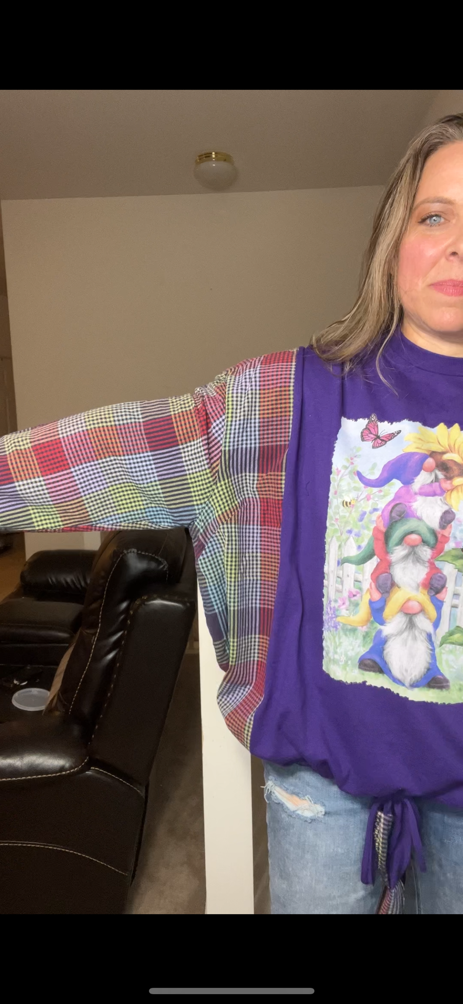 Upcycled Gnomes - women’s 1X/2X – T-shirt with flannel sleeves