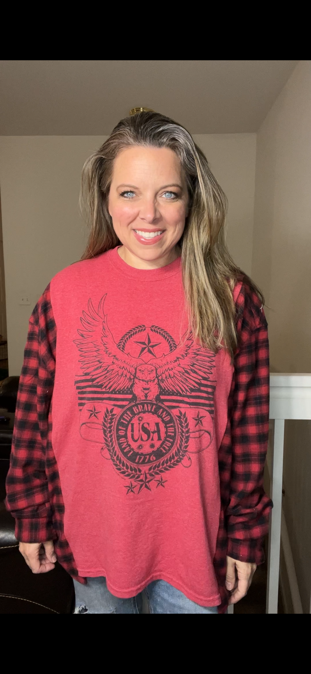 Upcycled USA eagle – women’s 3X T-shirt with flannel sleeves