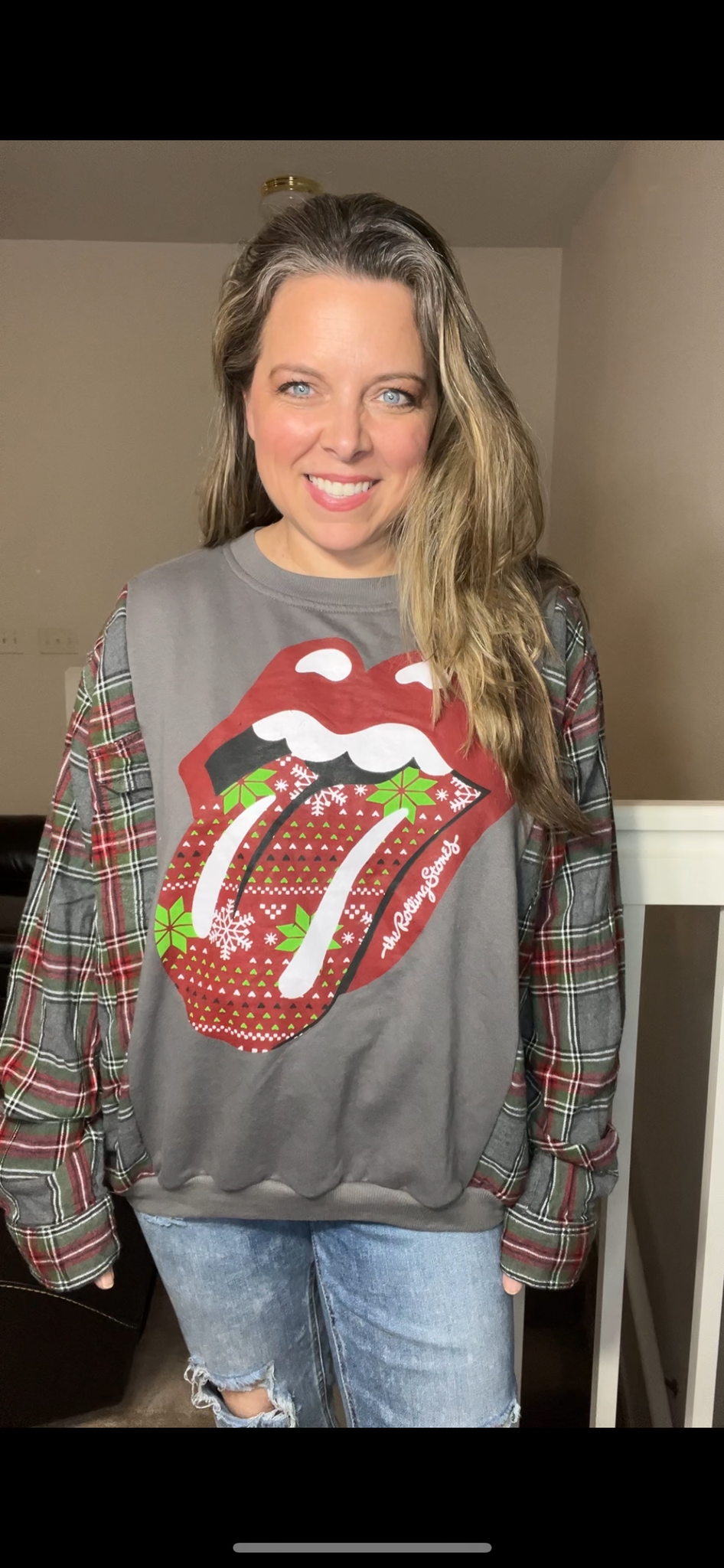 Upcycled Rolling Stones – women’s XL – midweight sweatshirt with flannel sleeves