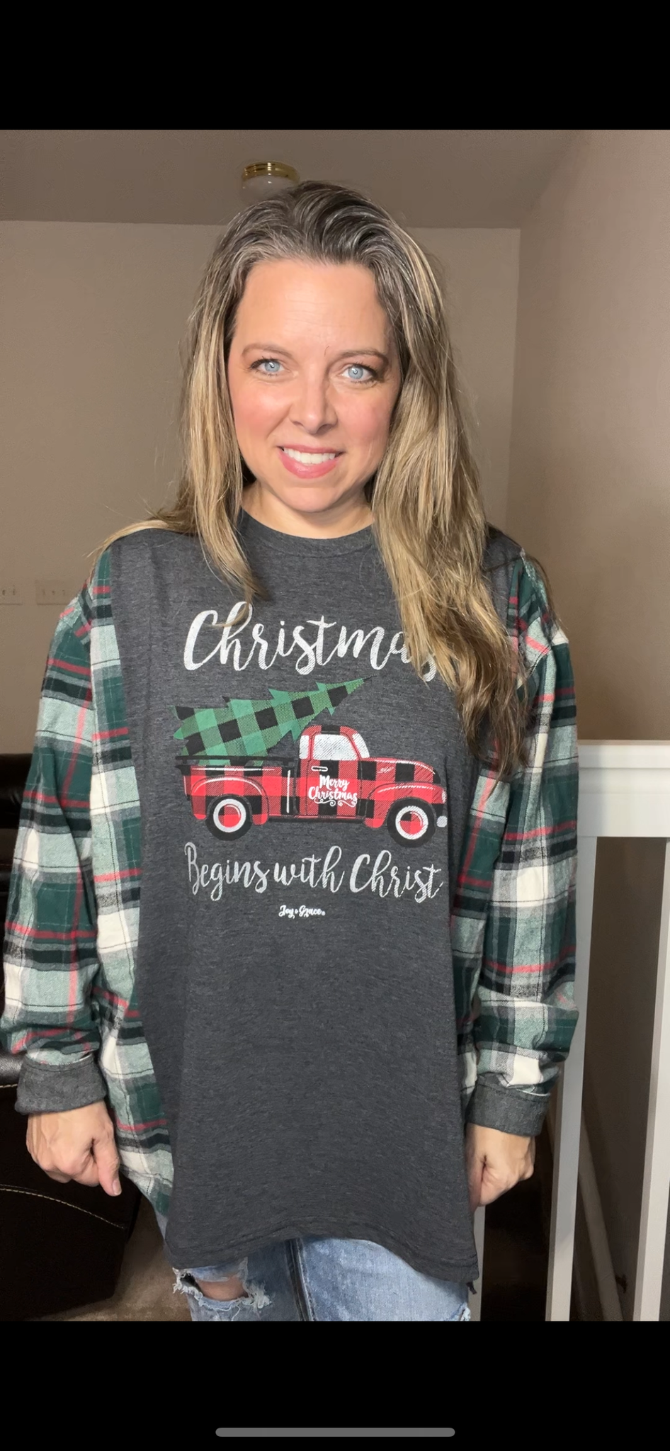 Upcycled Christ Truck – women’s 2X – Tshirt with flannel sleeves – sleeves slightly more fitted