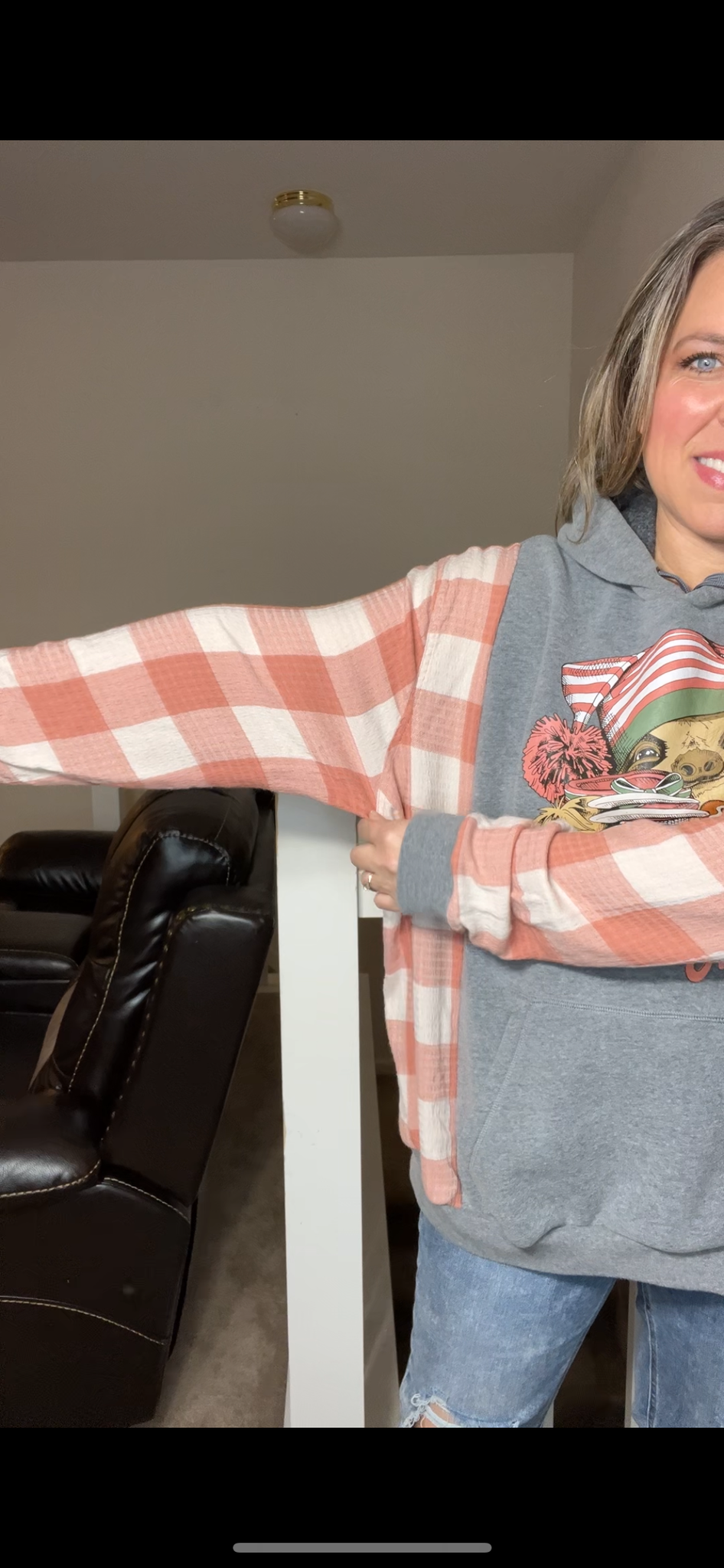 Upcycled Christmas Sloth – women’s 2X – Midweight sweatshirt with flannel sleeves