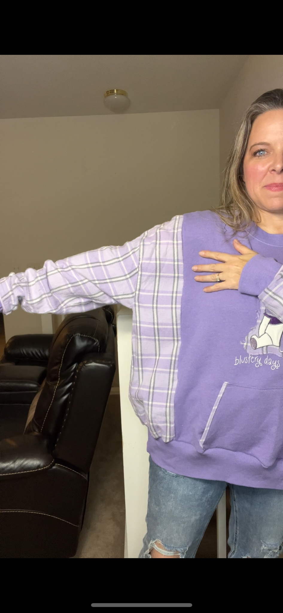 Upcycled Pooh – women’s 1X – French terry sweatshirt with flannel sleeves