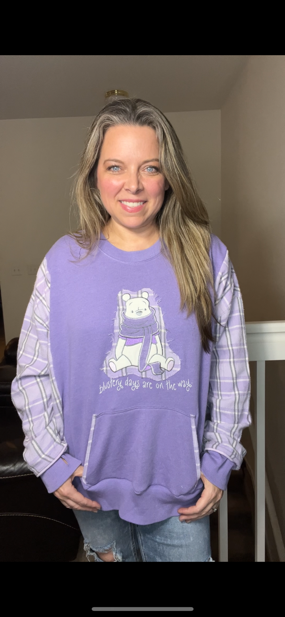 Upcycled Pooh – women’s 1X – French terry sweatshirt with flannel sleeves