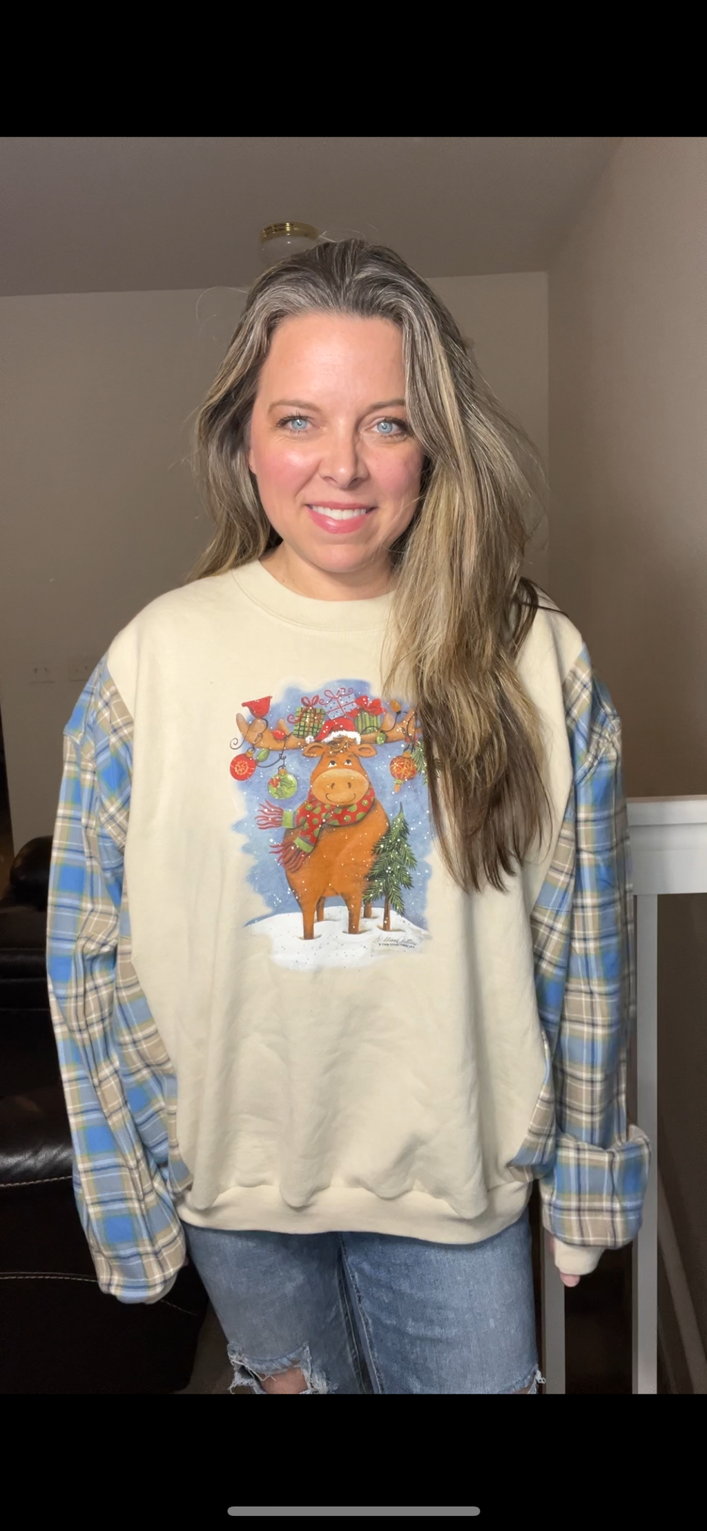 Upcycled Moose – women’s XL/1X – midweight sweatshirt with flannel sleeves