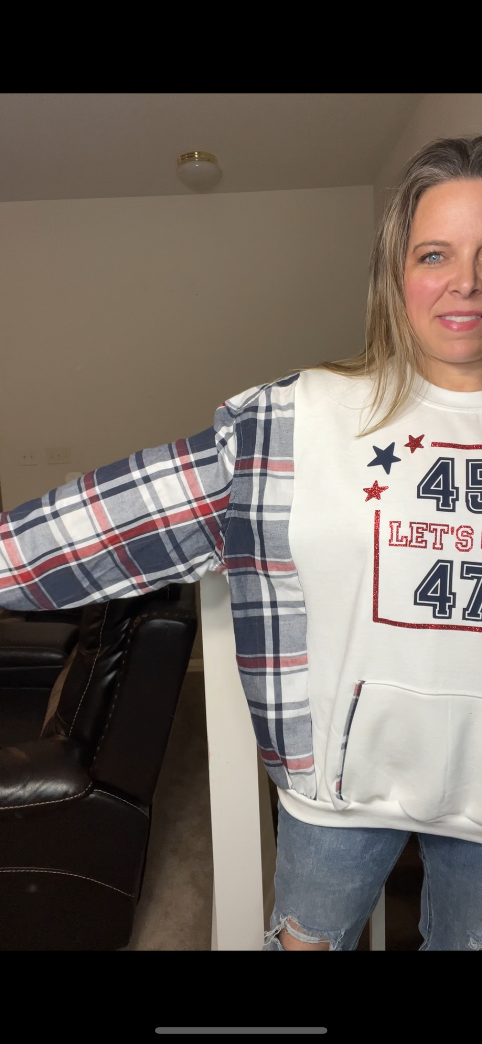 Upcycled Lets Go– women’s (any size needed) – midweight sweatshirt with flannel sleeves