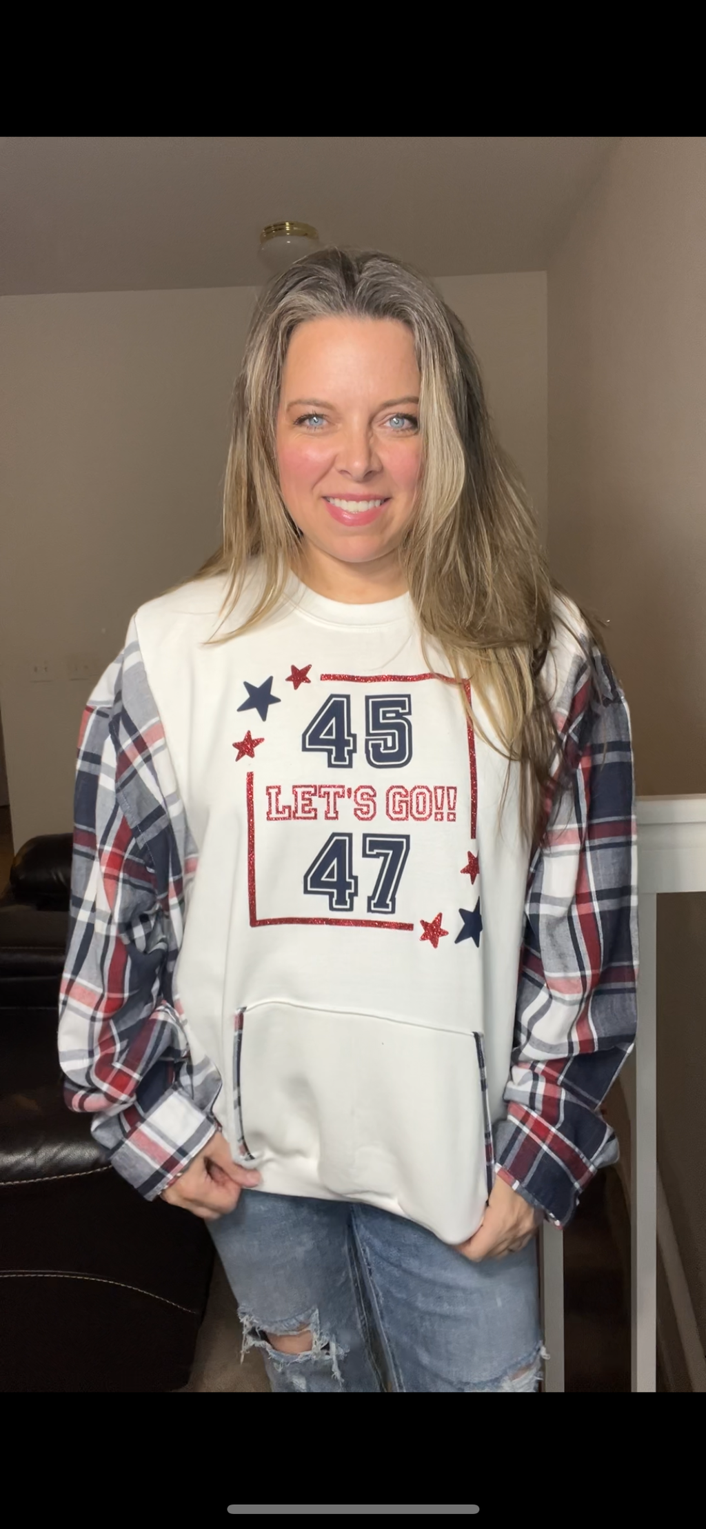 Upcycled Lets Go– women’s (any size needed) – midweight sweatshirt with flannel sleeves