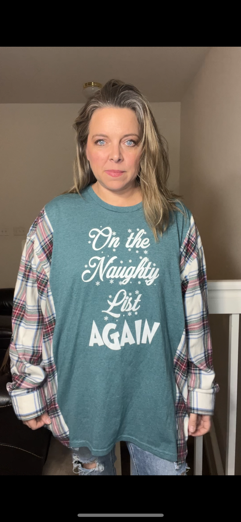 Upcycled Naughty list – women’s 4X – T-shirt with flannel sleeves