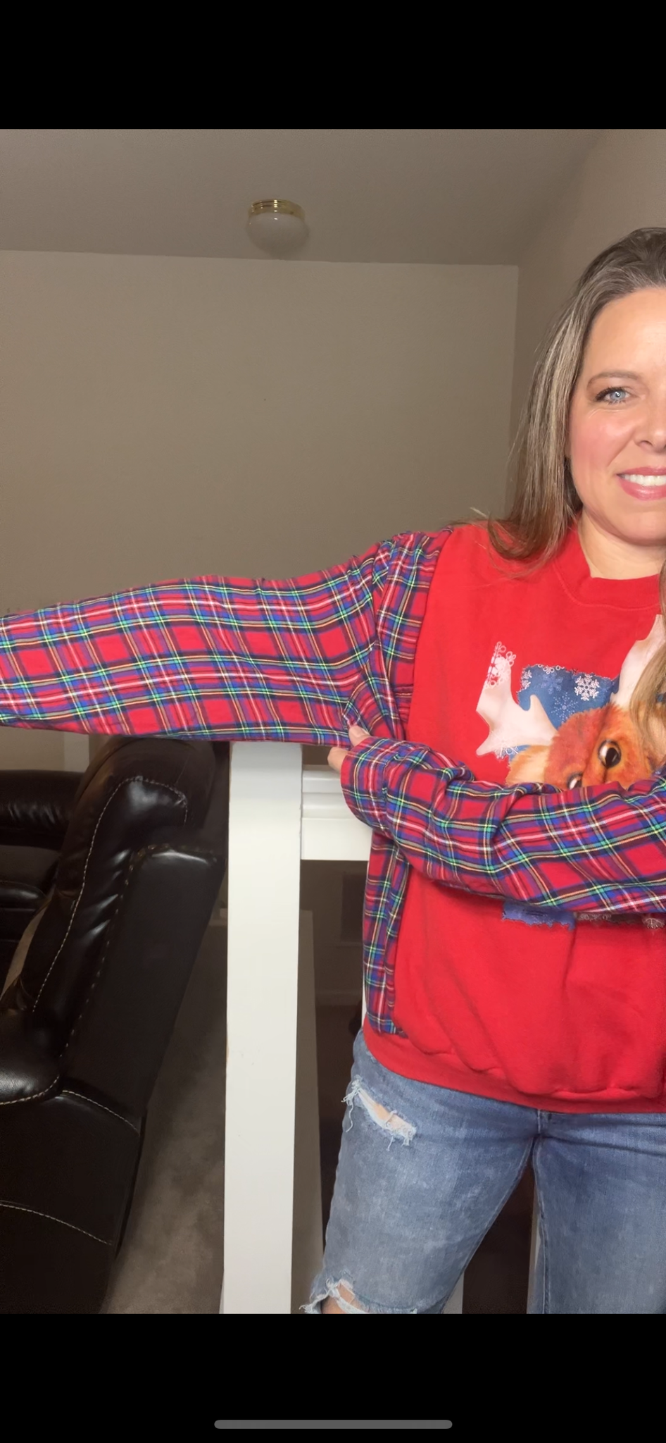 Upcycled Rudolph – women’s medium – midweight sweatshirt with flannel sleeves