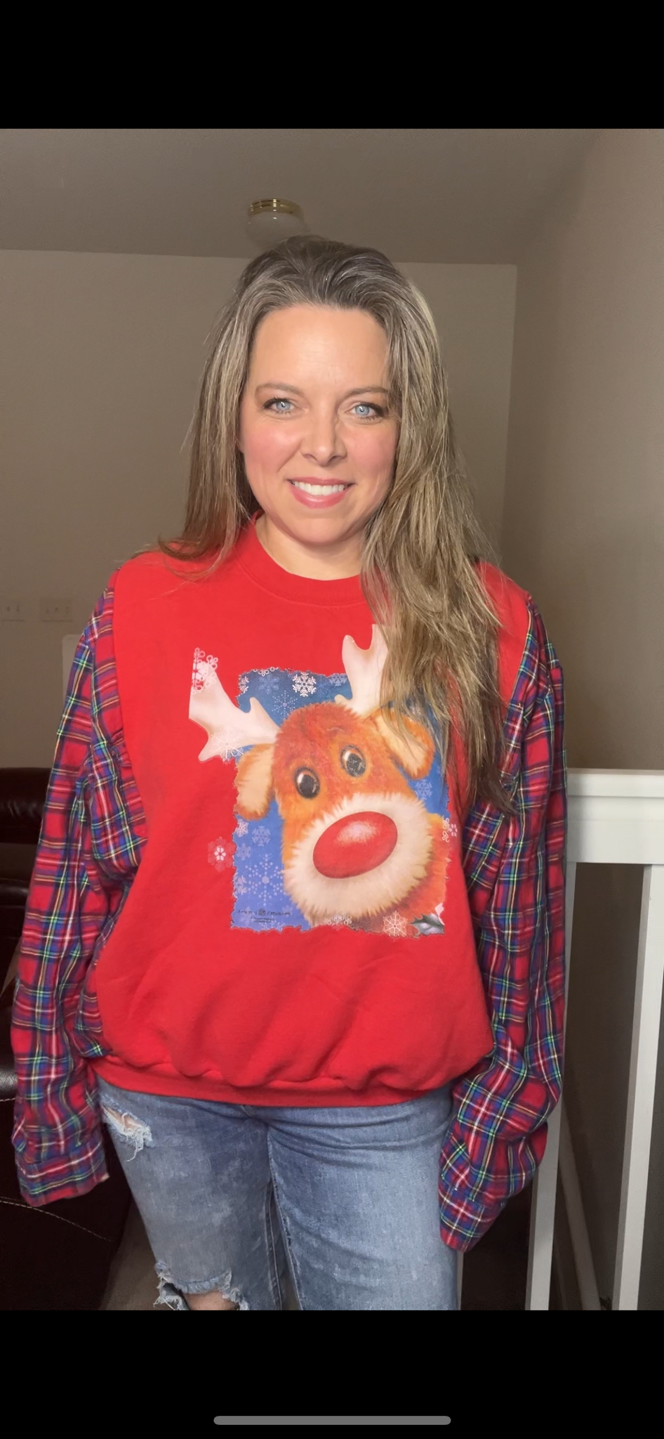 Upcycled Rudolph – women’s medium – midweight sweatshirt with flannel sleeves