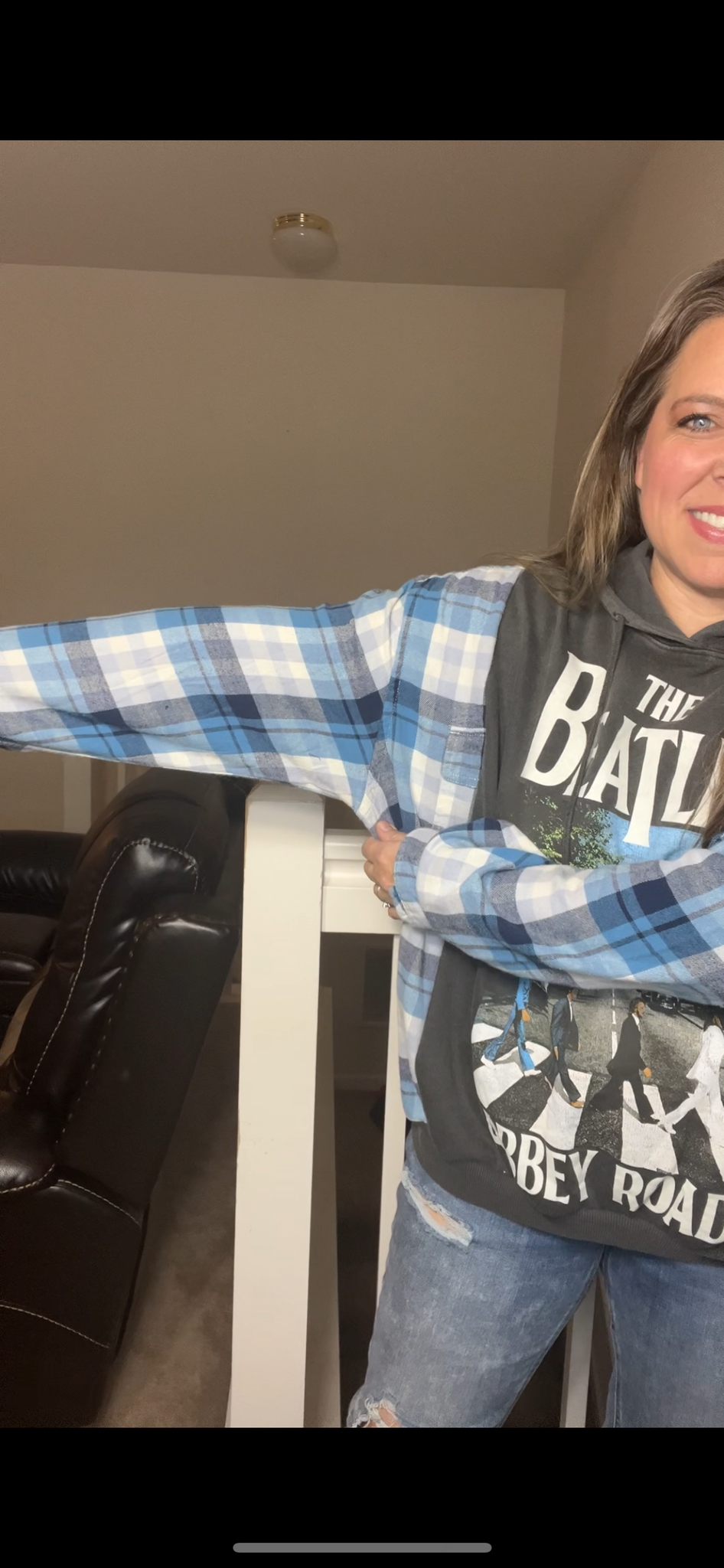 Upcycled Beatles – women’s XL/1X – thin sweatshirt with flannel sleeves