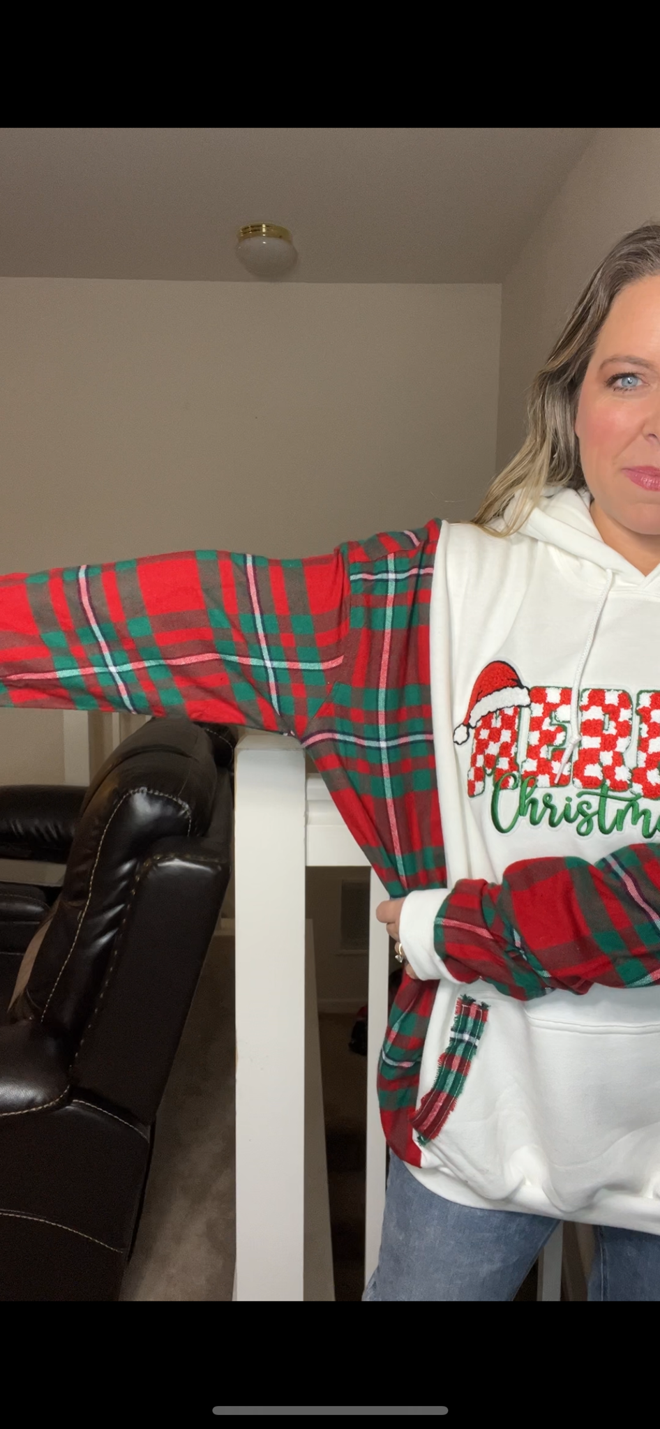 Upcycled Merry Christmas – women’s 3X/4X – midweight sweatshirt with flannel sleeves