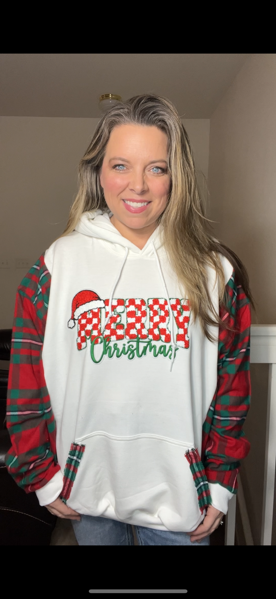 Upcycled Merry Christmas – women’s 3X/4X – midweight sweatshirt with flannel sleeves