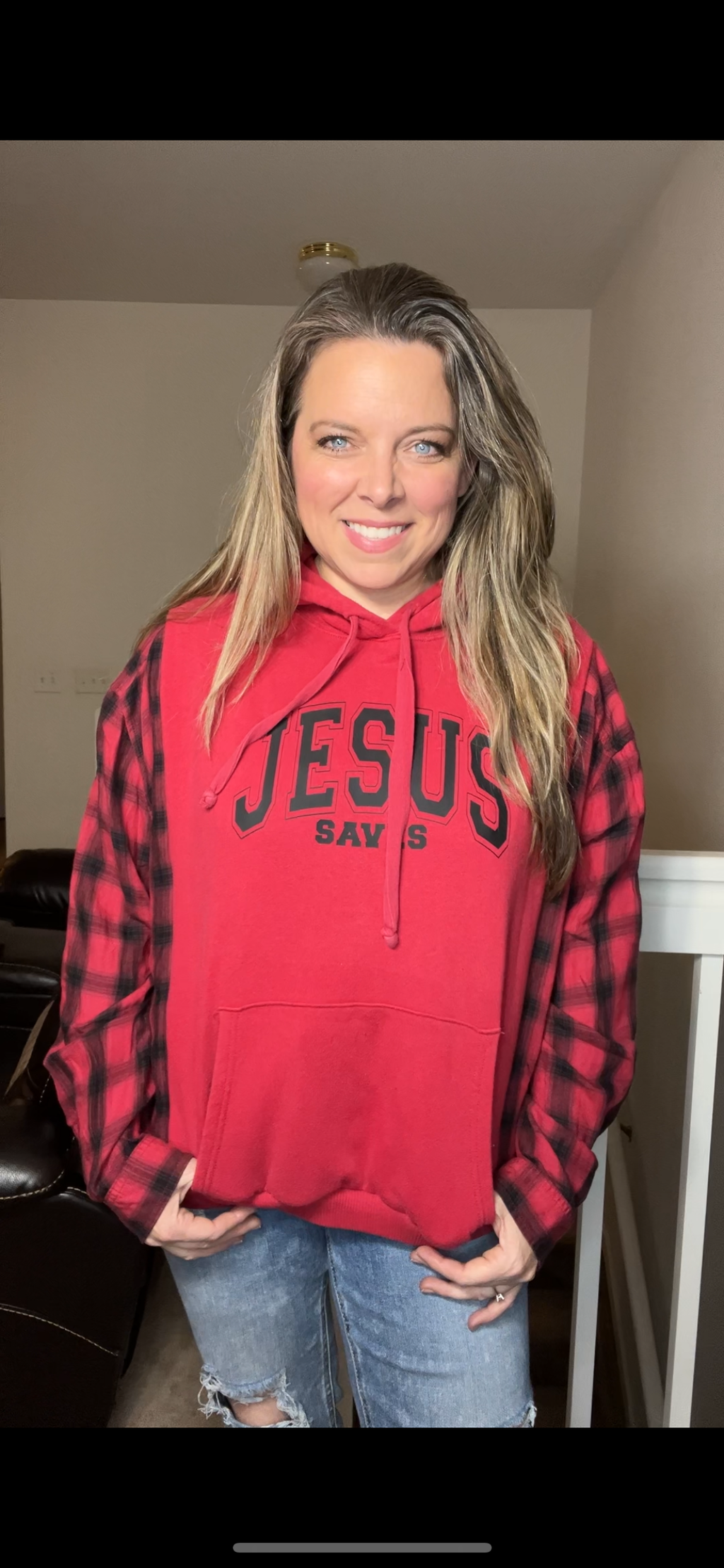 Upcycled Jesus saves – women’s medium – midweight sweatshirt with thin flannel sleeves