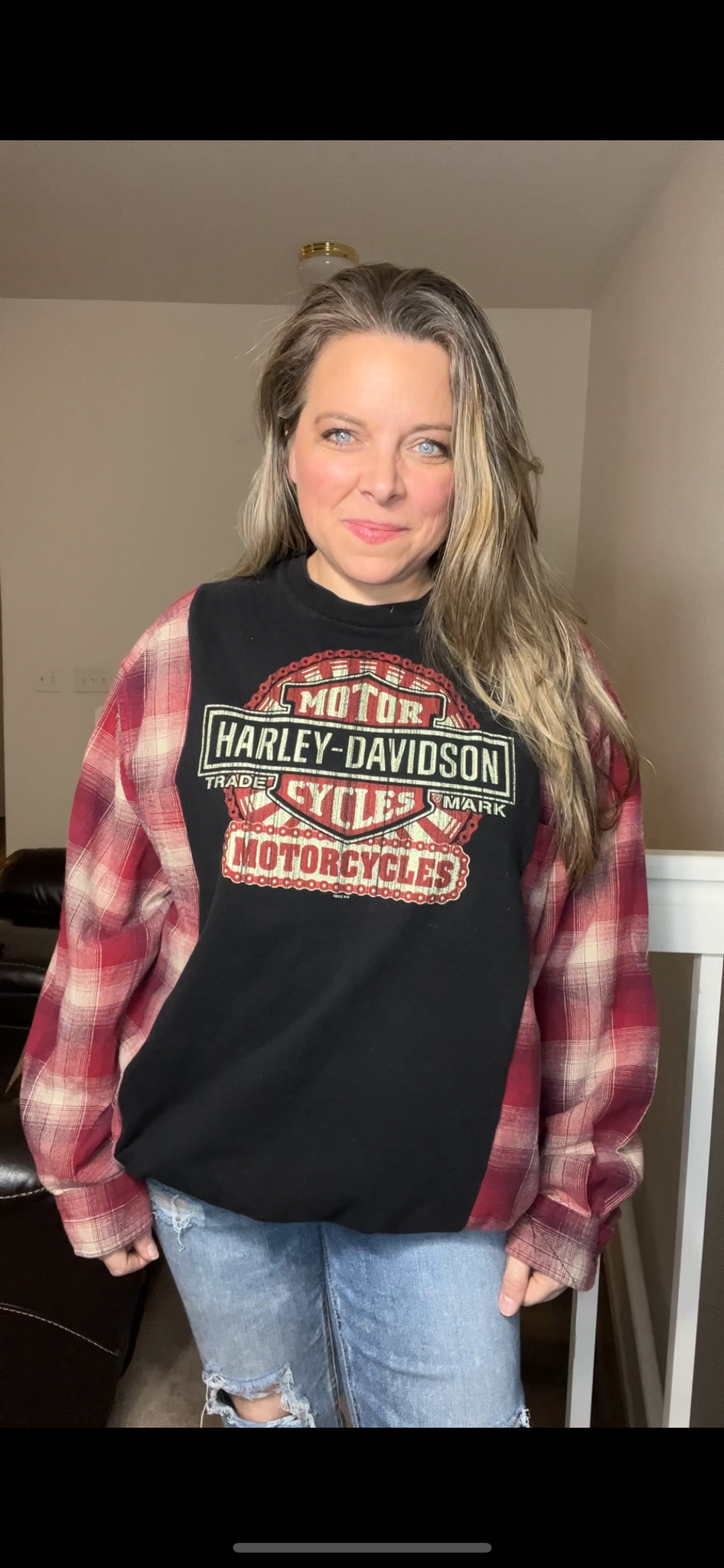 Upcycled Harley – women’s XL – T-shirt with flannel sleeves