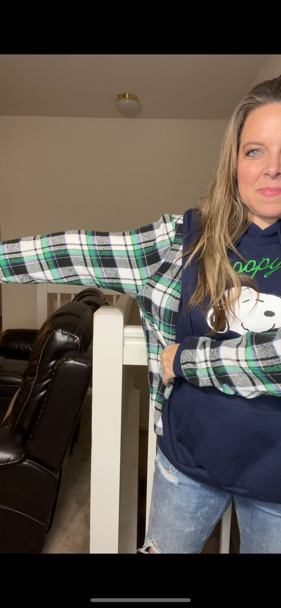 Upcycled Snoopy navy – women’s 1X/2X – midweight sweatshirt with flannel sleeves