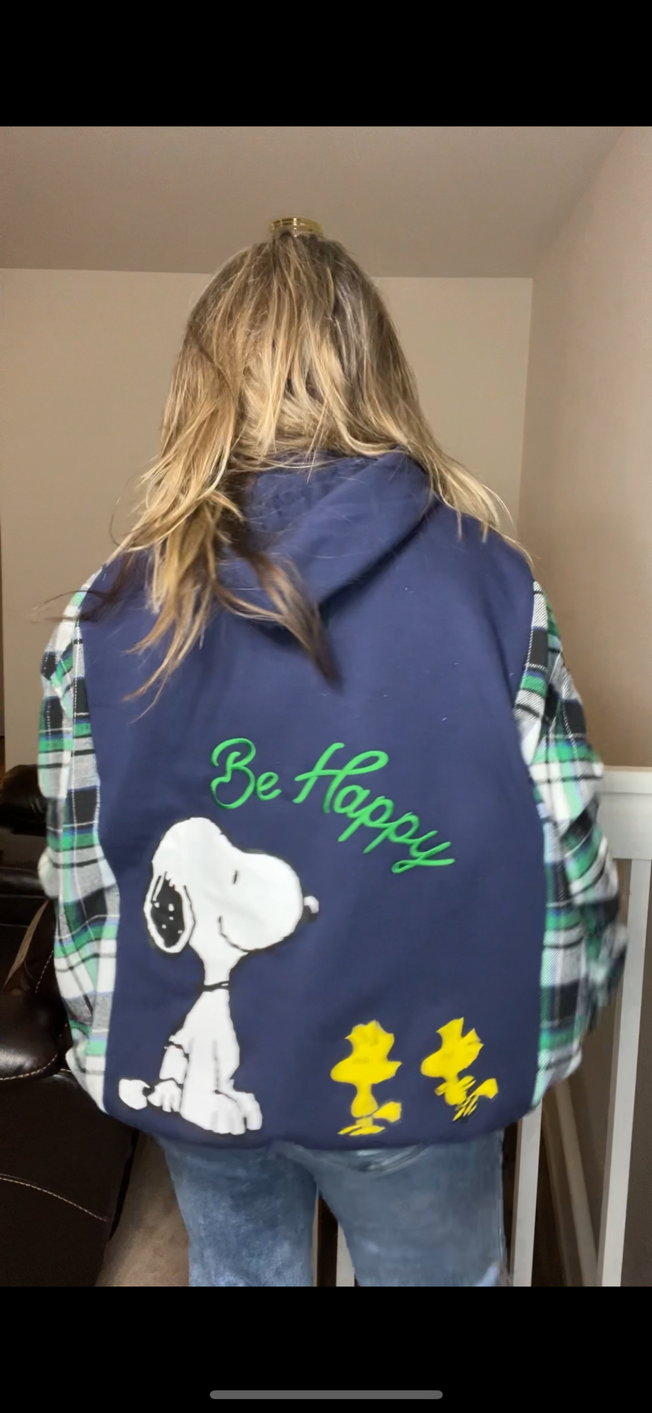 Upcycled Snoopy navy – women’s 1X/2X – midweight sweatshirt with flannel sleeves