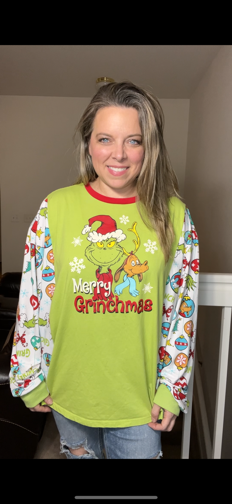 Upcycled Grinch green – women’s 3X/4X – thin T-shirt with stretchy sleeves