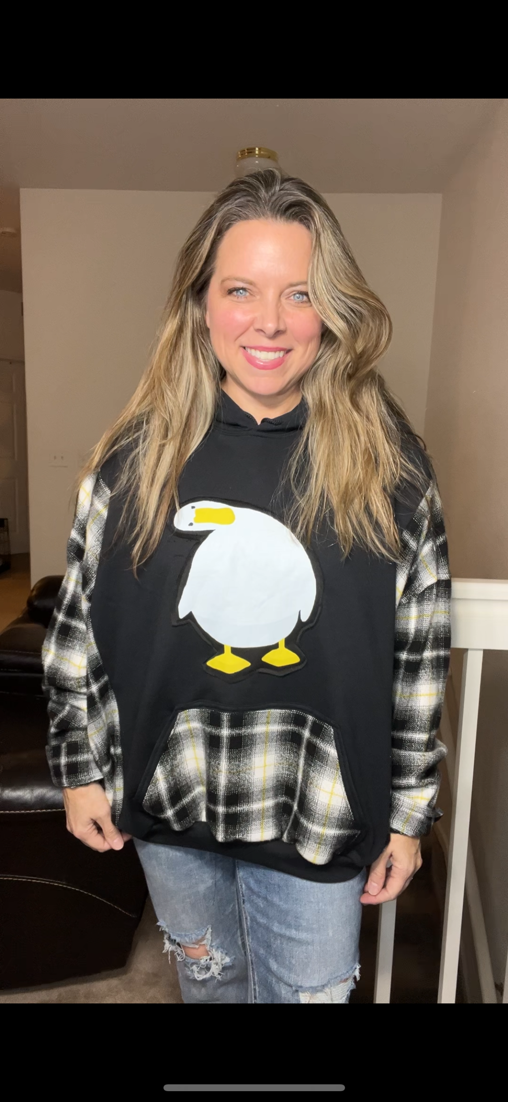 Upcycled Duck – women’s 2X – midweight sweatshirt with thick flannel sleeves – words can be added after purchase￼