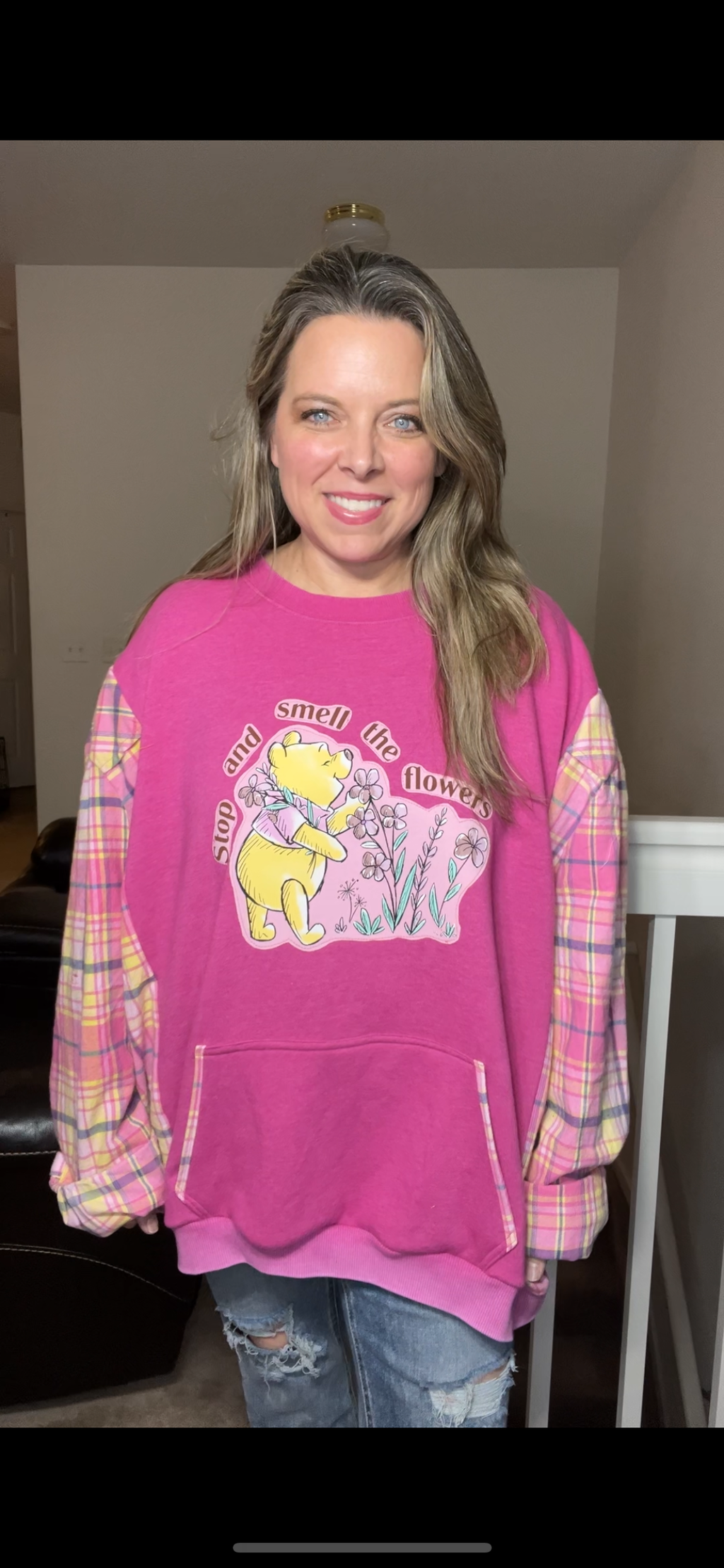 Upcycled Pooh – women’s 4X – midweight sweatshirt with flannel sleeves￼