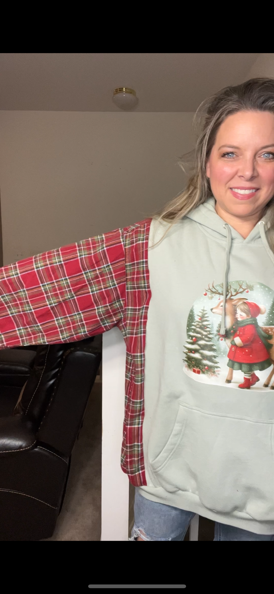 Upcycled Deer- women’s 4X – midweight sweatshirt with flannel sleeves