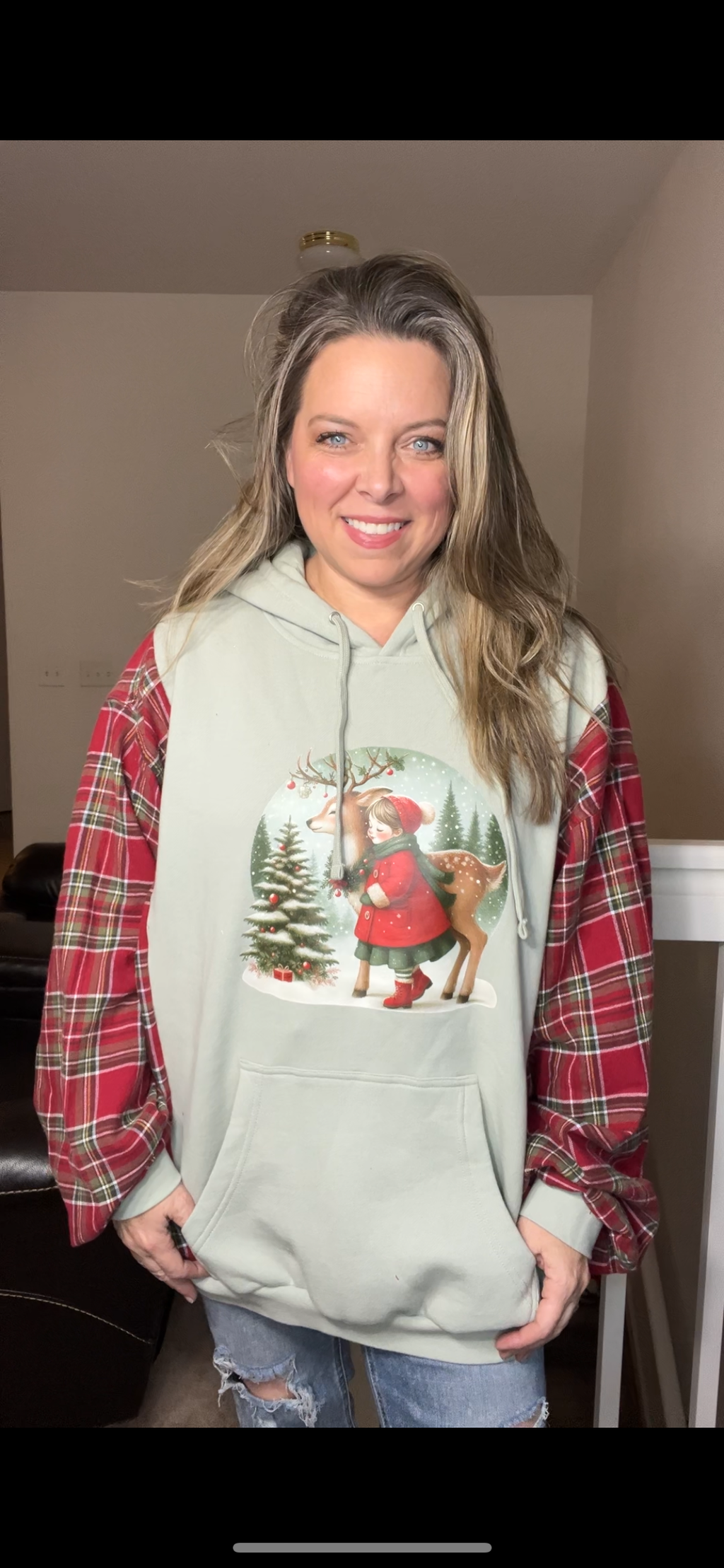 Upcycled Deer- women’s 4X – midweight sweatshirt with flannel sleeves