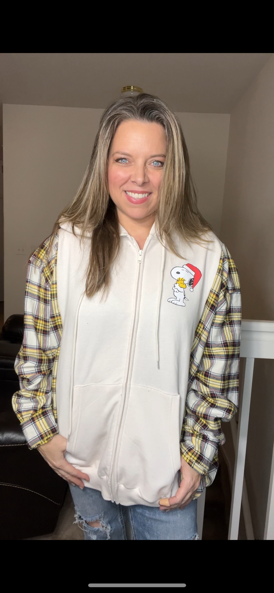 Upcycled Snoopy zip – women’s 3X – middleweight sweatshirt with flannel sleeves