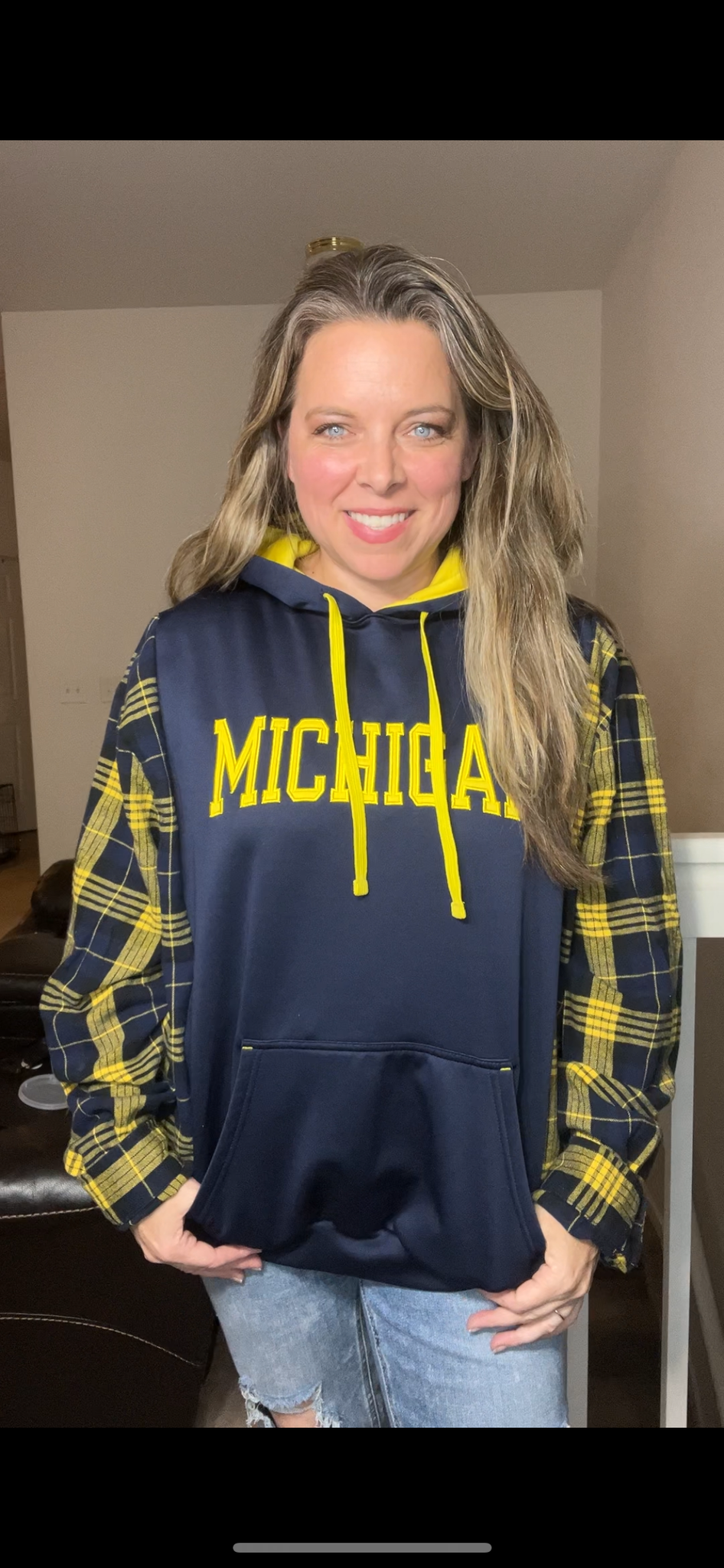 Upcycled UofM - women’s XL – dryfit sweatshirt with flannel sleeves