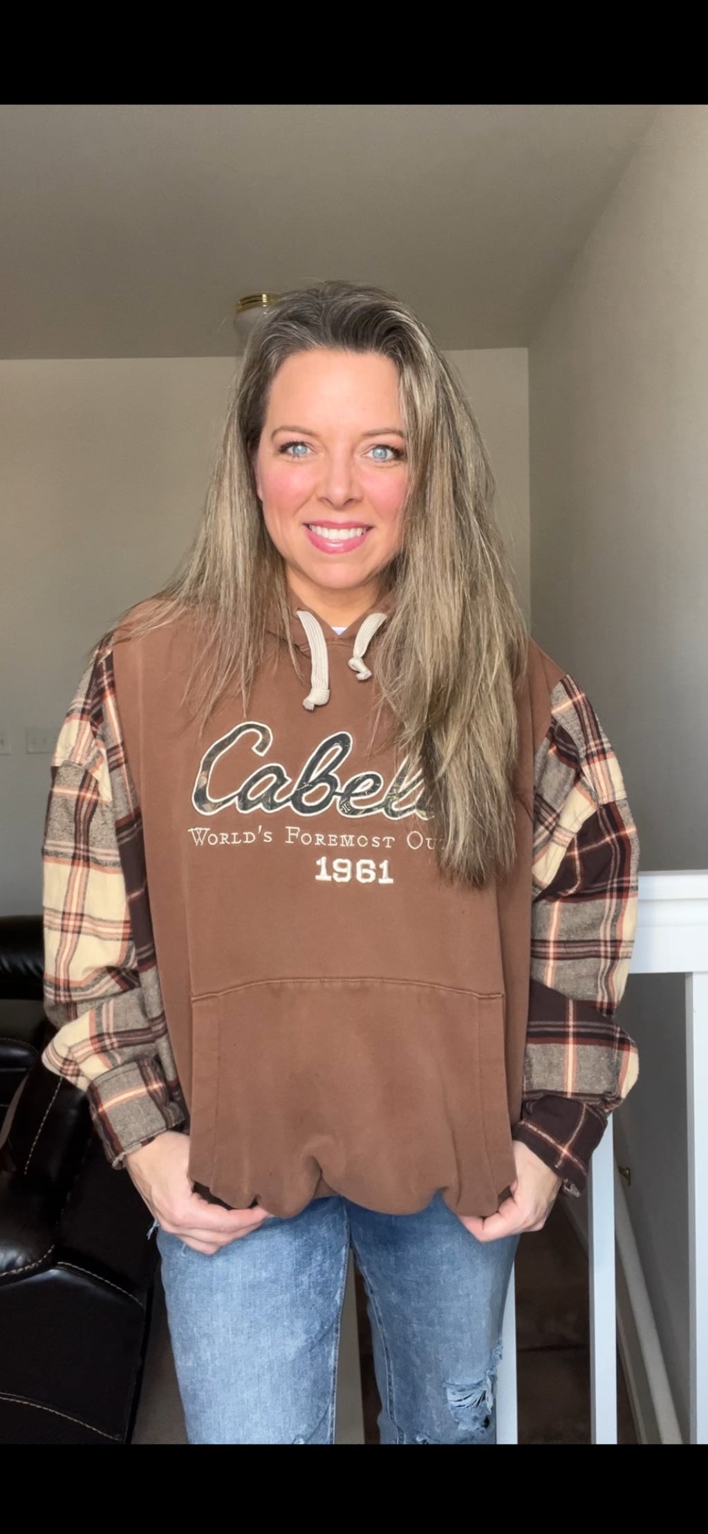 Upcycled Cabelas - women’s large – thick sweatshirt with thick flannel sleeves – small hole on pocket ￼￼