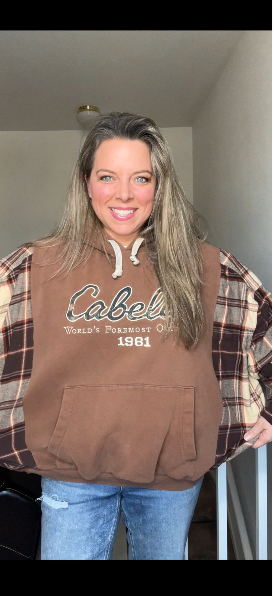 Upcycled Cabelas - women’s large – thick sweatshirt with thick flannel sleeves – small hole on pocket ￼￼